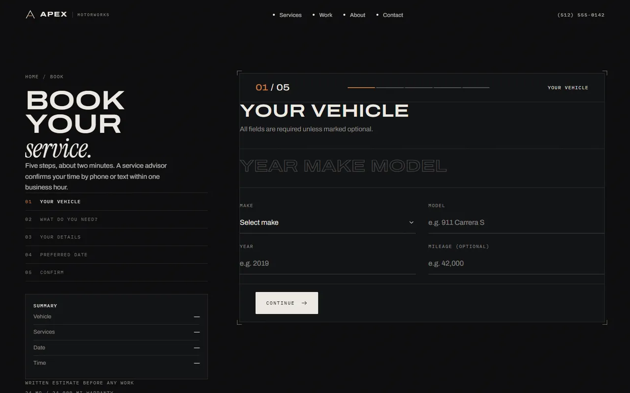 The five-step booking configurator, with the running summary beside the first step.