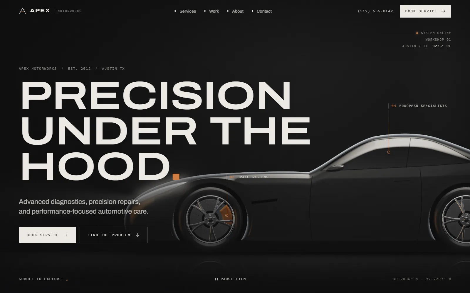 The Apex Motorworks home page — Precision under the hood, beside a black GT rendered in code