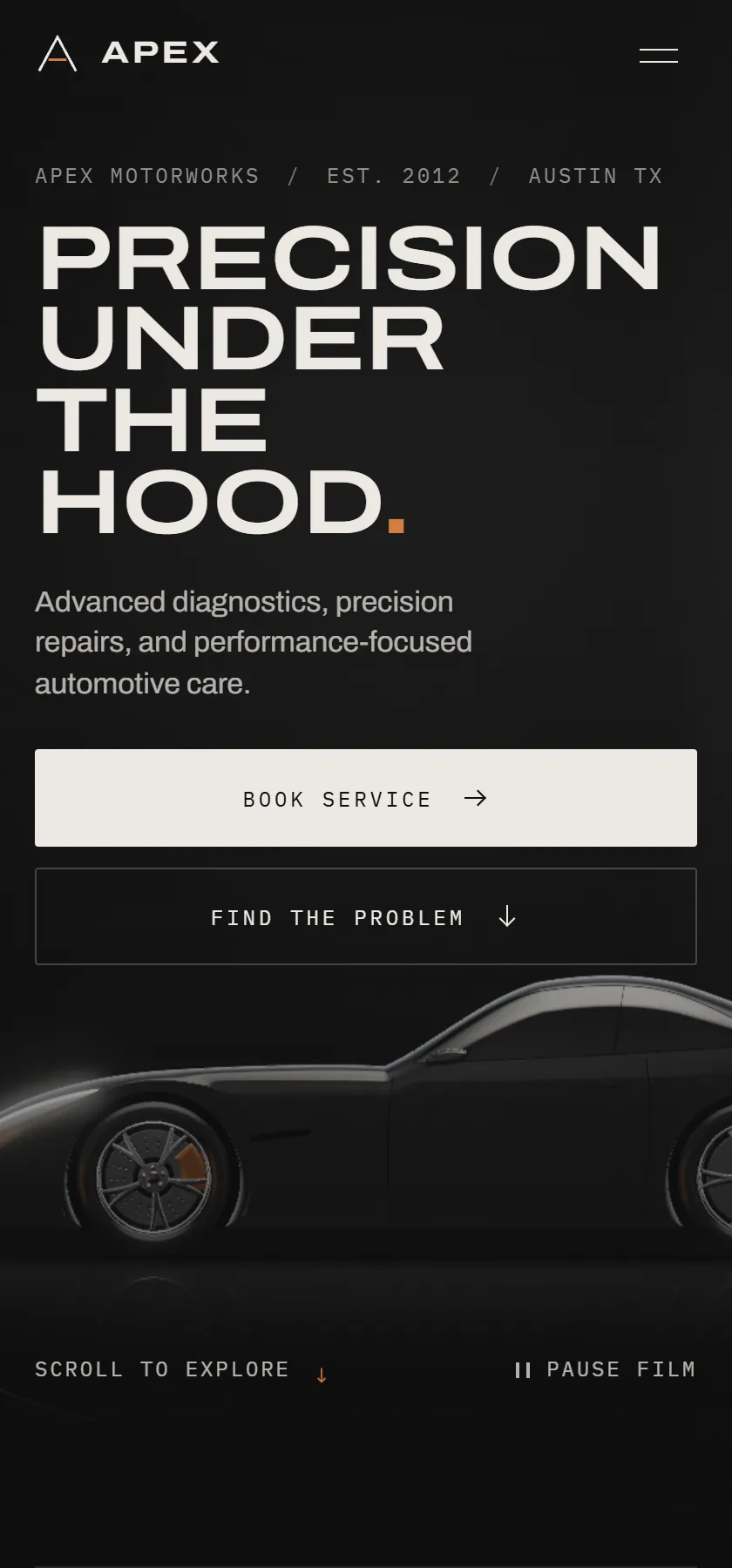 The Apex Motorworks home page on a phone, headlined Precision under the hood.