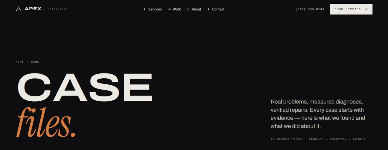 The case files page, introducing before/after repairs.