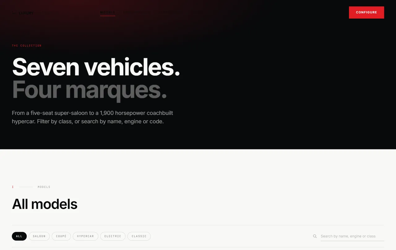 The collection page introducing seven vehicles across four marques, with category filters and search.