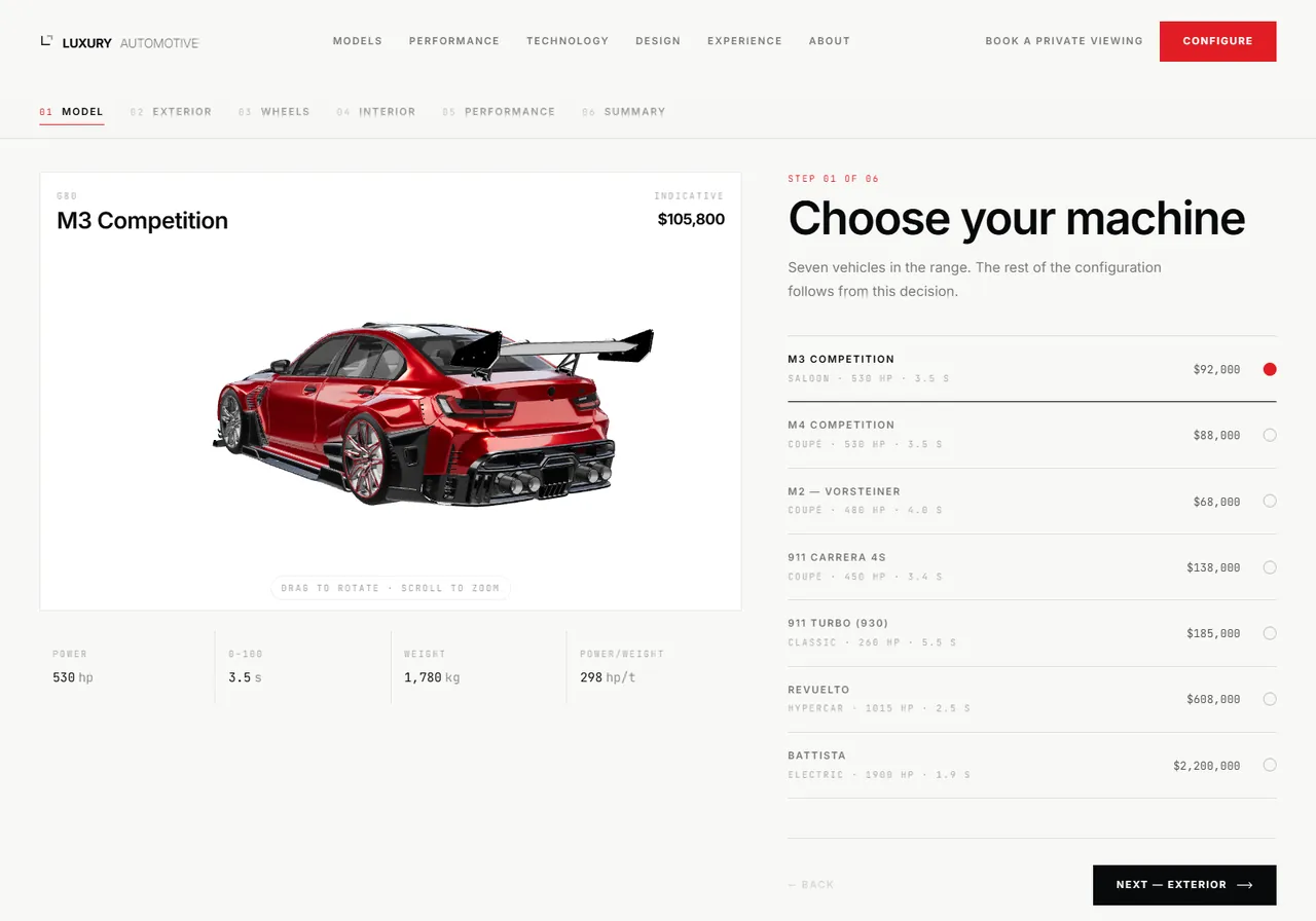 The configurator: a live 3D M3 Competition on the left, and the seven-vehicle model list with indicative prices on the right.