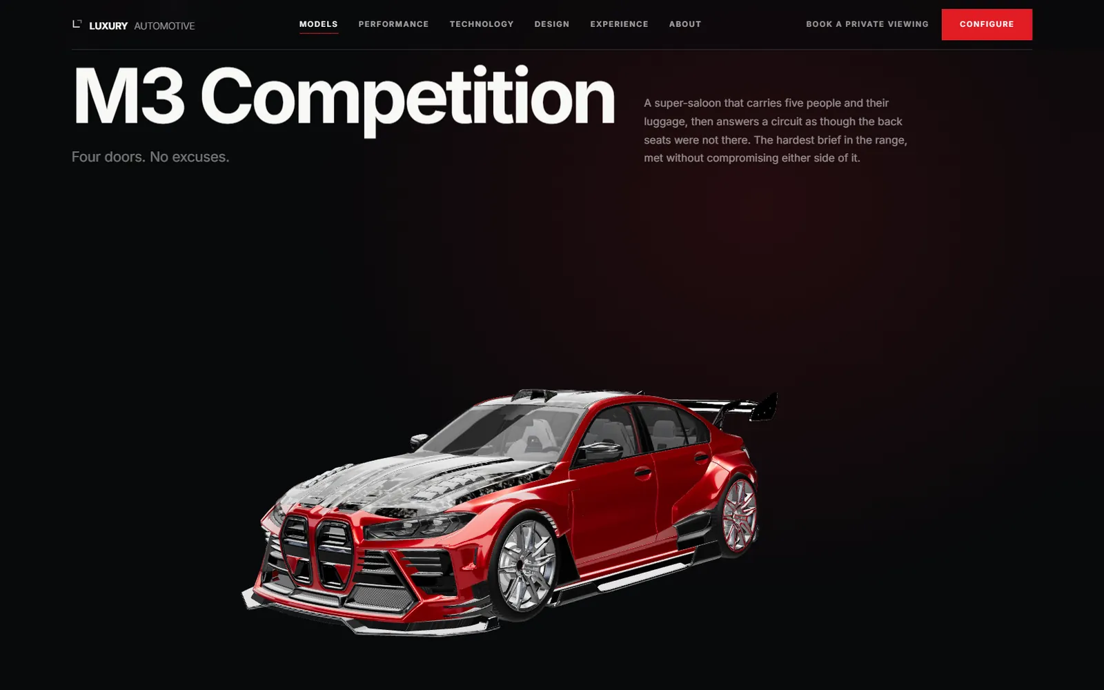 Luxury Automotive model page — a 3D BMW M3 Competition rendered in the browser