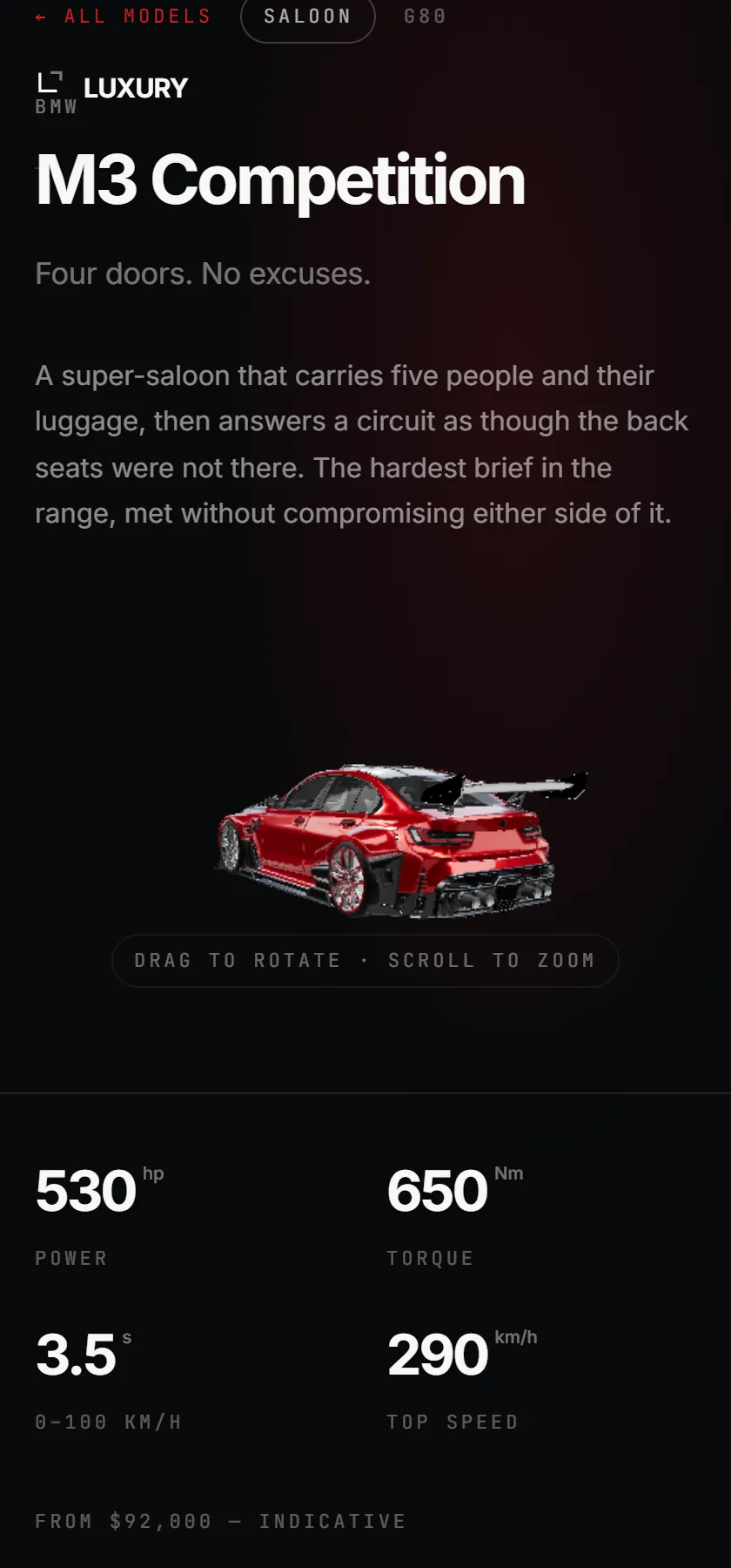 A Luxury Automotive model page on a phone, with the vehicle rendered in 3D below the title.