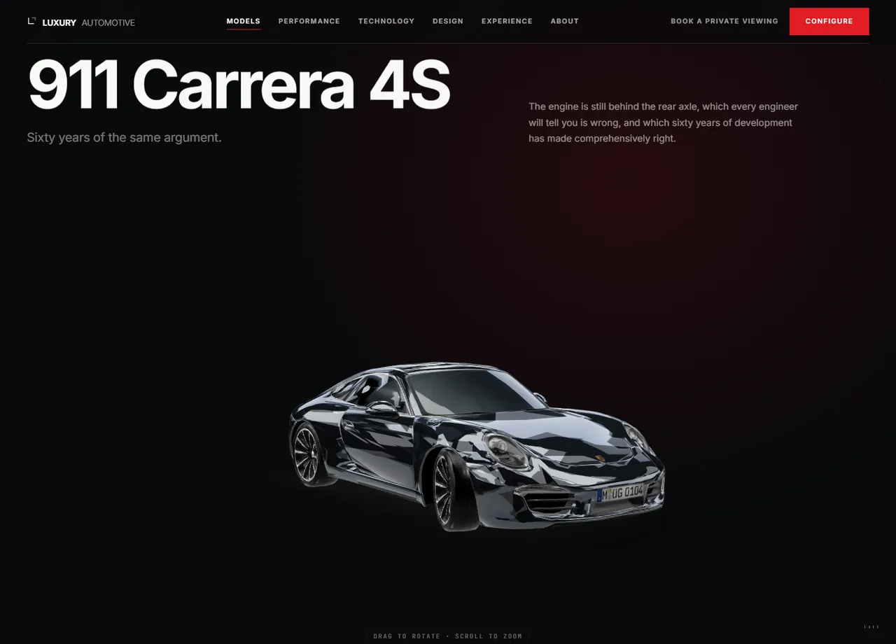 The 911 Carrera 4S model page, with the vehicle rendered live in 3D beneath the title.