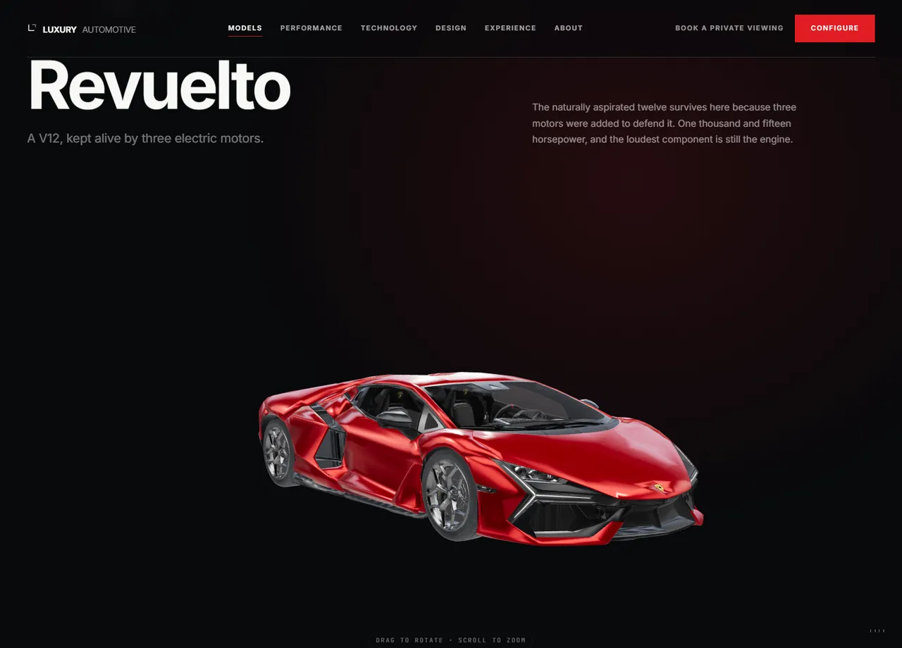 The Revuelto model page, with the hypercar rendered live in 3D beneath the title.
