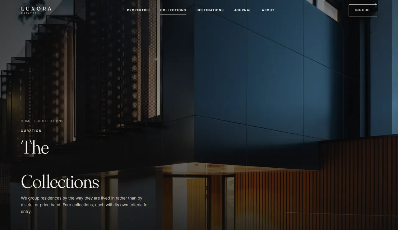 The Collections page introducing four curated groupings of residences.