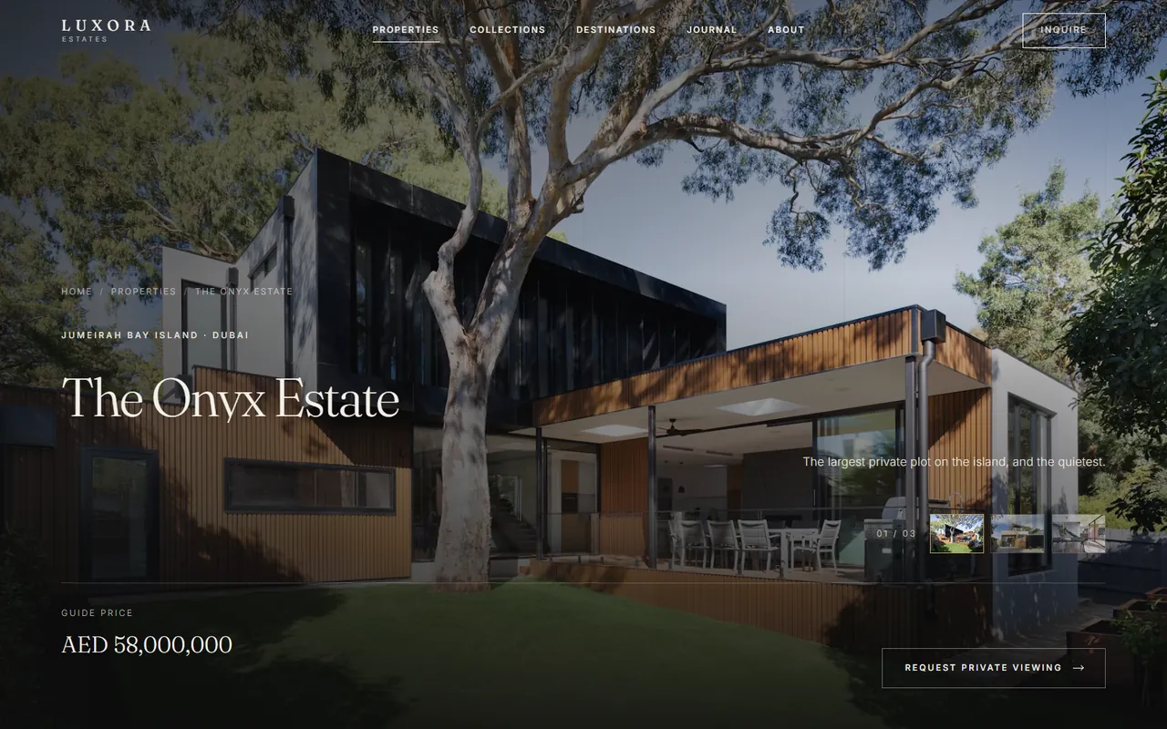 A residence page for The Onyx Estate, showing the guide price and a request-private-viewing control.