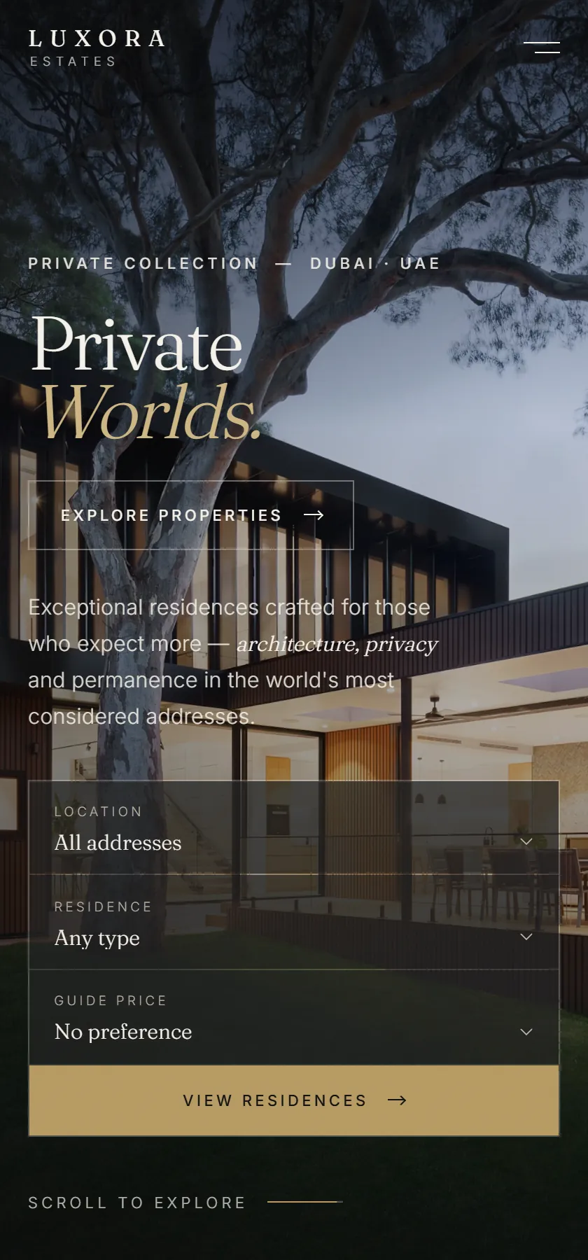 The Luxora Estates home page on a phone, with the hero type stacked and the filter bar collapsed.