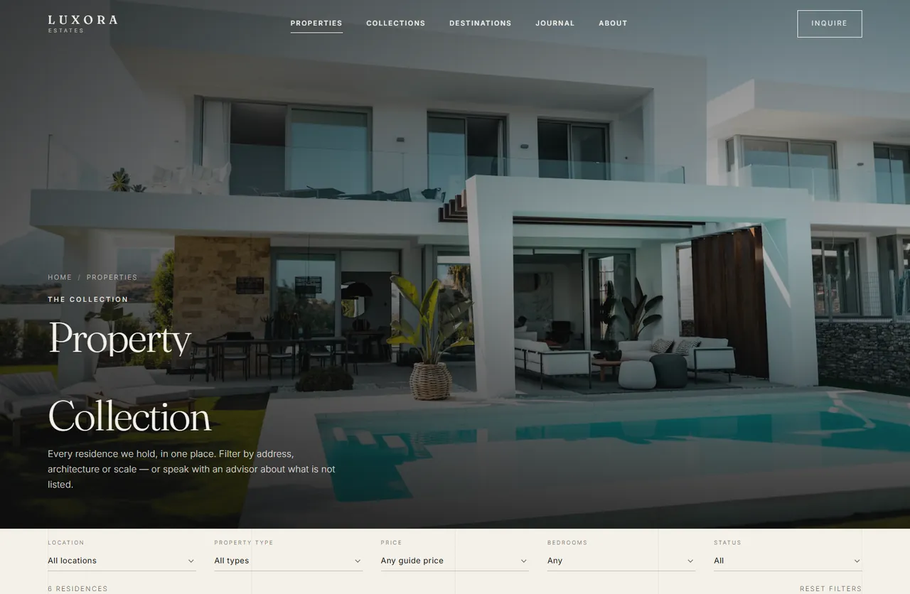 The property collection page, with location, residence type and guide-price filters over a full-bleed hero.