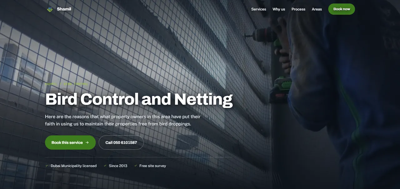 The bird control and netting service page, with its own photography and call to action.