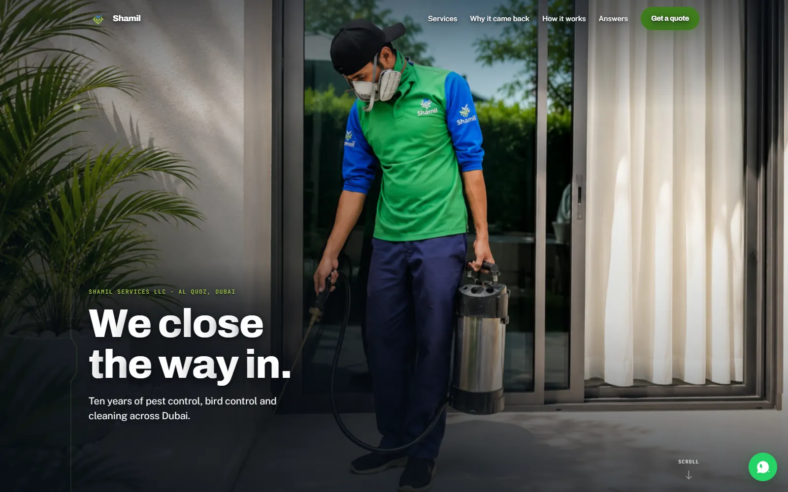 Shamil Services home page — a technician at work behind the headline We close the way in