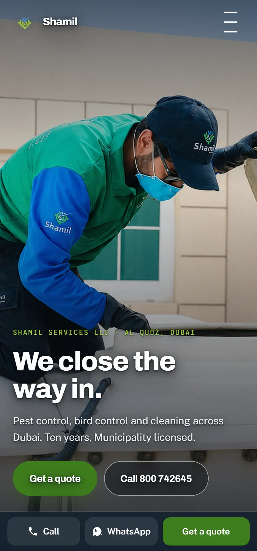 The Shamil Services home page on a phone, with a static hero and a fixed call, WhatsApp and quote bar at the foot.