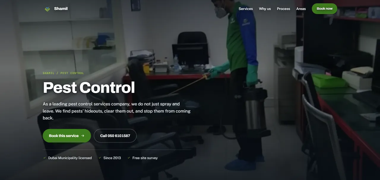 The pest control service page, with the service headline over a photograph of a treatment in progress.