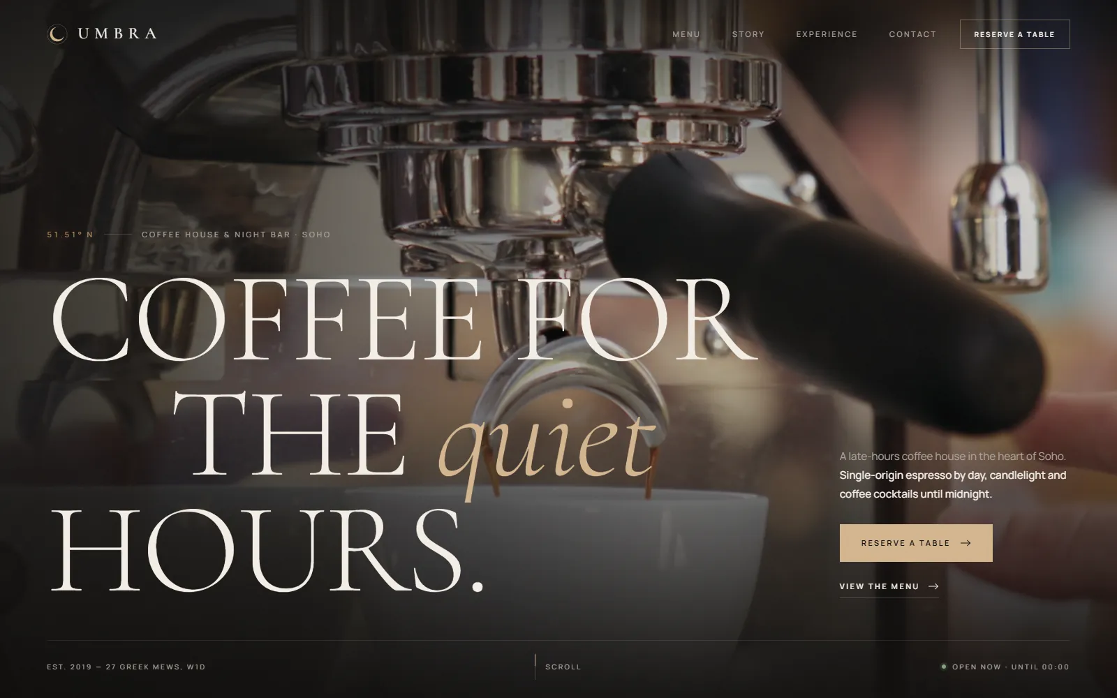 The Umbra home page, headlined Coffee for the quiet hours
