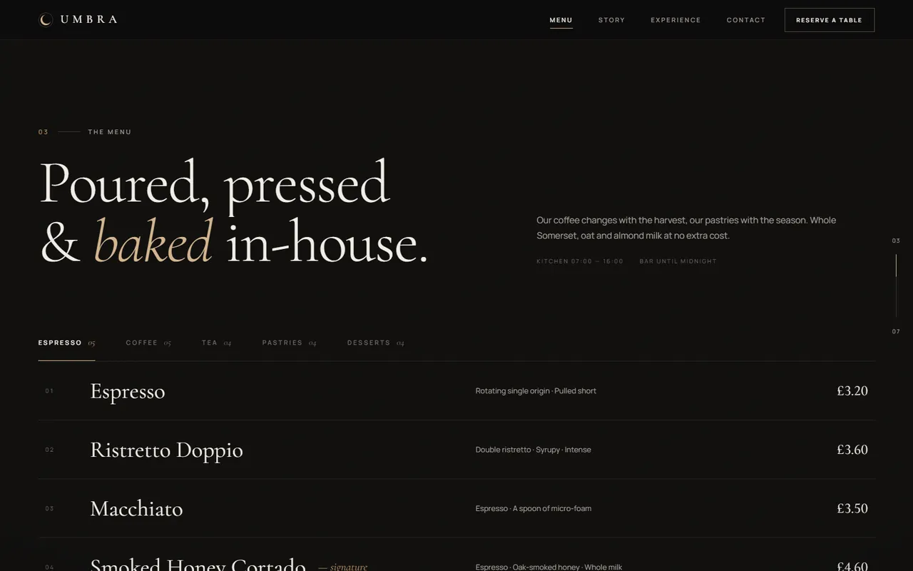 The menu — five tabs, prices, and a preview that follows the pointer.