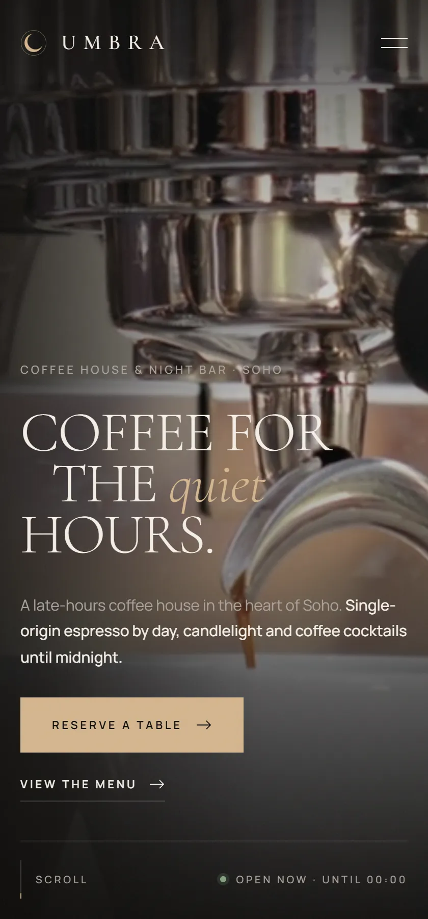 The Umbra home page on a phone, headlined Coffee for the quiet hours.